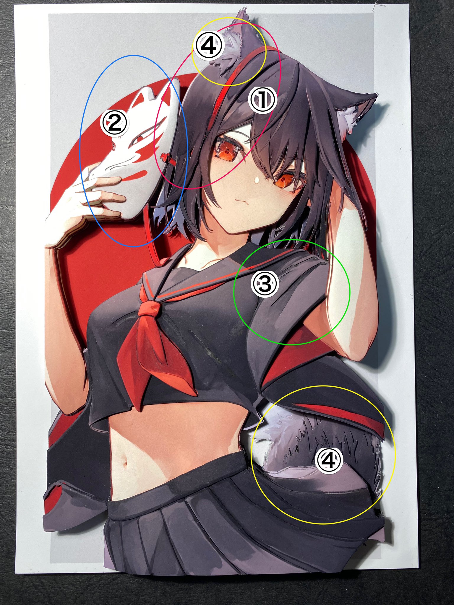 だんで イラストを立体化する人 まよぎいさんシャドーボックスのここ見てポイント 狐面の紐は一体切り出し 狐面は筆による塗りをイメージして眼以外加工無し 切り込みと加工による服のシワ再現 線ではなく色で切り分けることでモフモフ感を