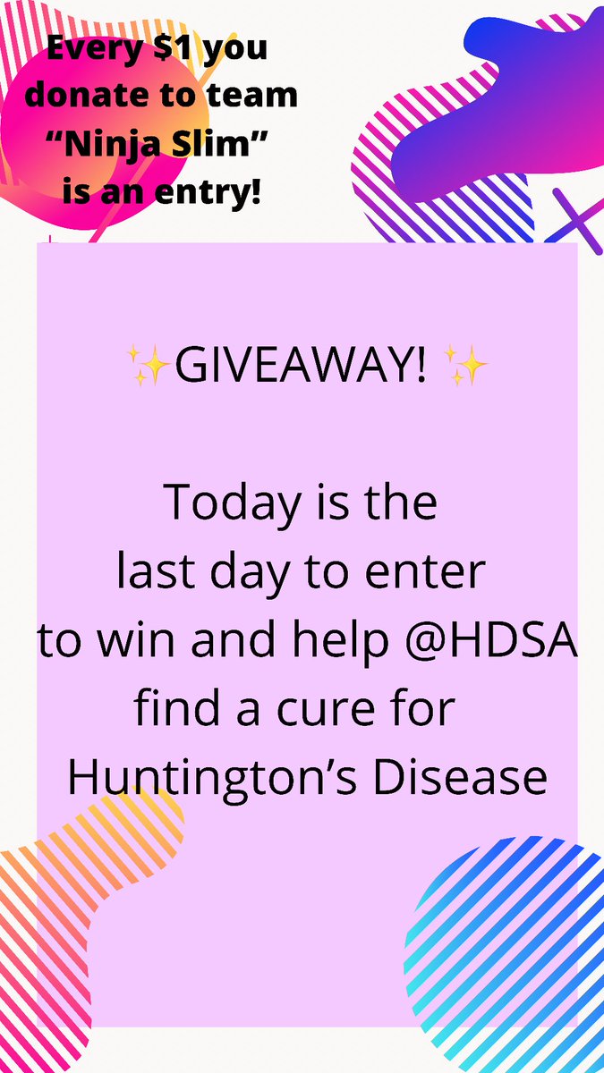 Today is the last day to enter and help <a href="/HDSALosAngeles/">HDSALosAngeles!</a> find a cure for #huntingtonsdisease ✨This Saturday July 17th! Click the link below then click donate and you’re set. I can’t wait to walk with you. bit.ly/ninjaslim Follow us on IG for contest rules #letstalkaboutHD