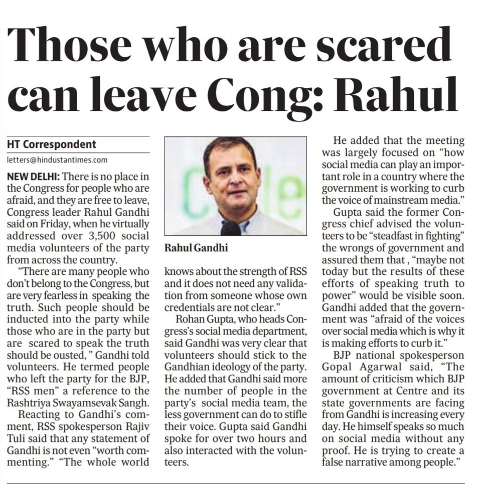 AthuJamaliya's tweet photo. "The Congressmen who are afraid of BJP should be shown the exit door. We don't need those who believe in RSS ideology. We need fearless people." - @RahulGandhi https://t.co/7YD5JBEibD