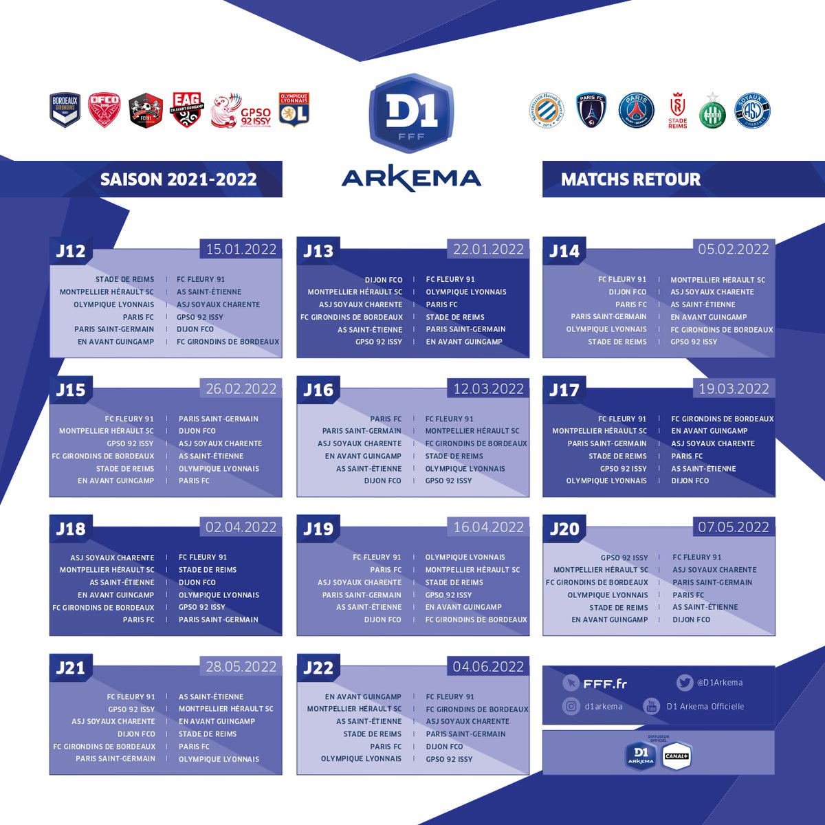 Le calendrier de la D1 Arkema 2021-2022 a été établi. Les vingt-deux journées se joueront du 28 août 2021 au 4 juin 2022 ! 🔥 #D1Arkema
