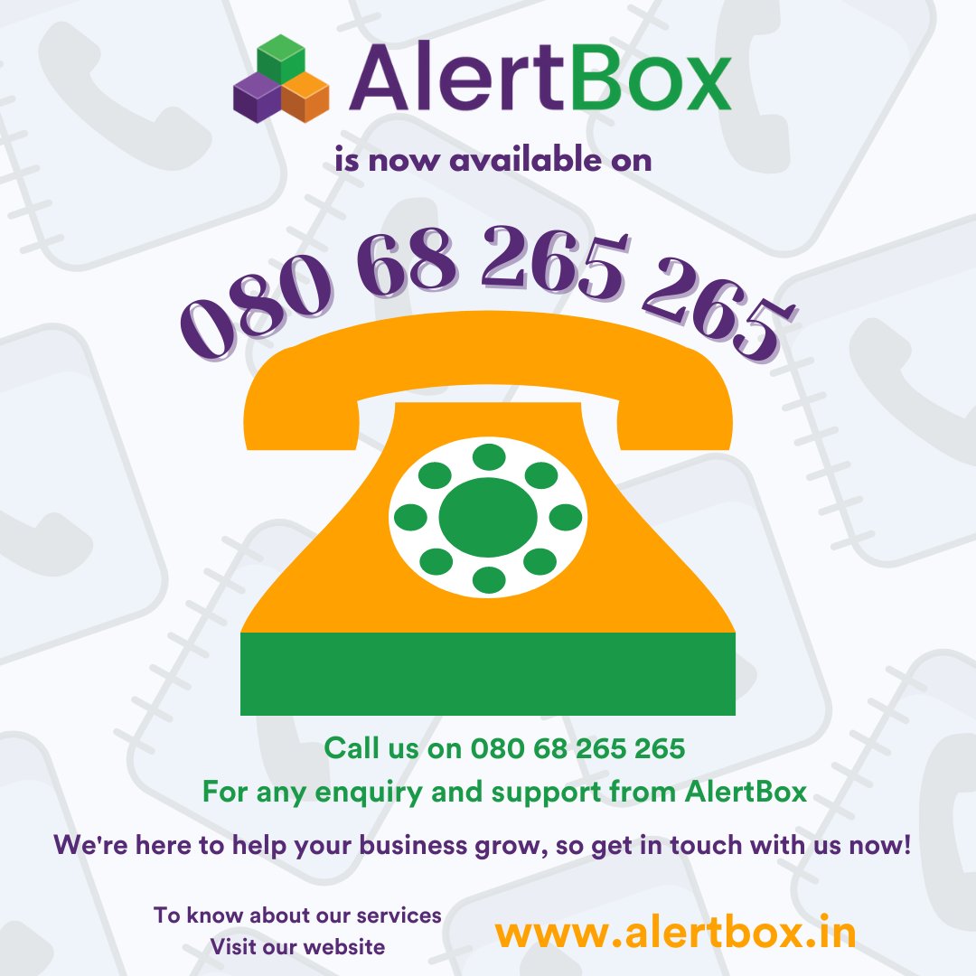 AlertboxIndia's tweet photo. ANNOUNCEMENT:
We have changed our IVR number to 080 68 265 265
Call us on 080 68 265 265, for any enquiry and support from AlertBox!

We're here to help your business grow, so get in touch with us now! https://t.co/0YsOOKayFw