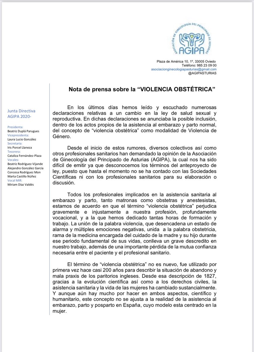 AGIPASTURIAS's tweet photo. En las últimas semanas se ha producido una serie de declaraciones desde diversos ámbitos sociales sobre la denominada “Violencia Obstétrica”.
Desde @AGIPASTURIAS hemos redactado una declaración sobre el tema de la que se hacen eco algunos medios de comunicación, rogamos difusión https://t.co/3UxAYbVYkk