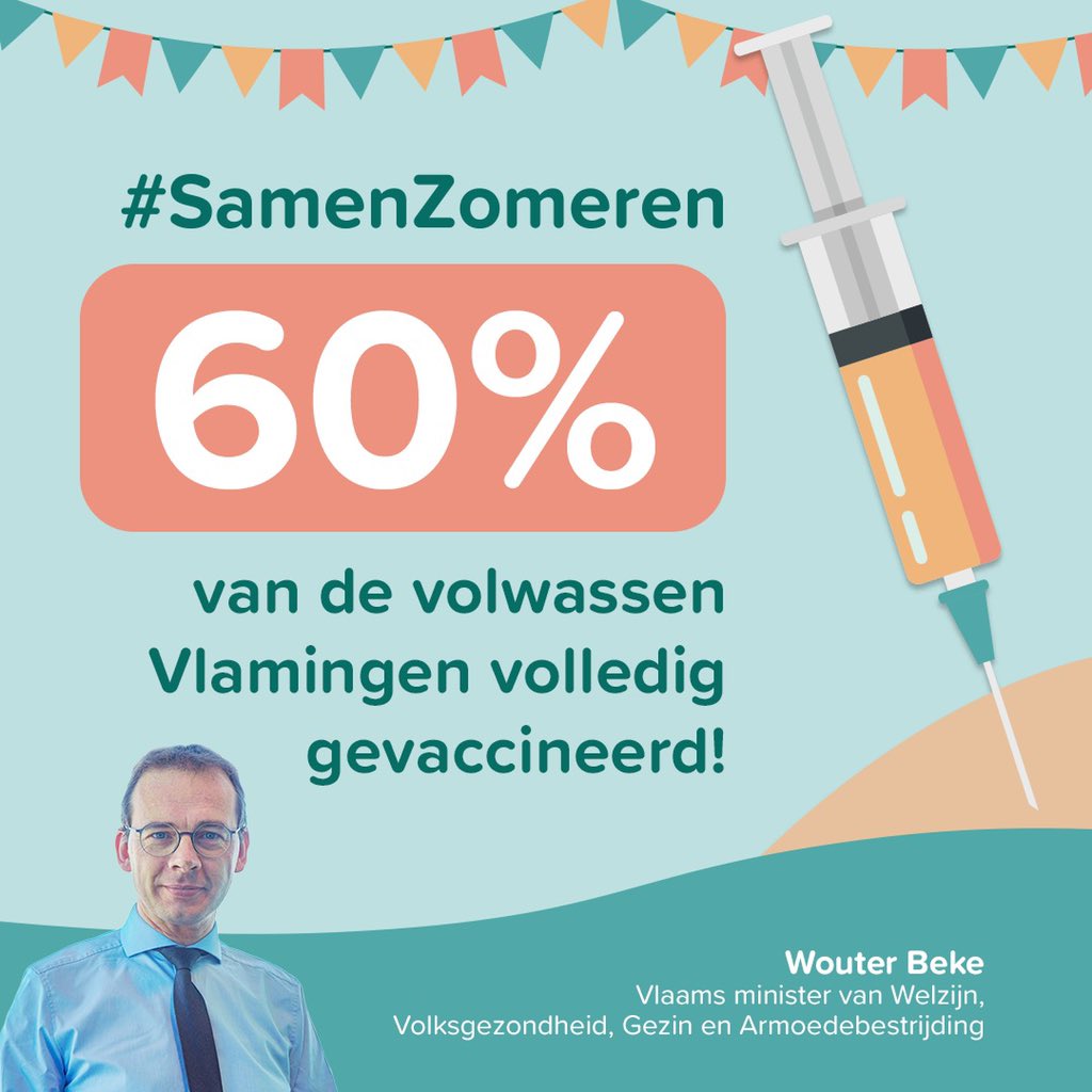 60% van de volwassen Vlamingen volledig gevaccineerd!💉 Onze vaccinatiegraad blijft stijgen en we behoren tot de best vaccinerende landen ter wereld! Zeer dankbaar dat zoveel mensen kiezen voor de prik.👏

Nog niet gevaccineerd? Ga in op de inhaalvaccinatie. Meld je aan via QVAX!