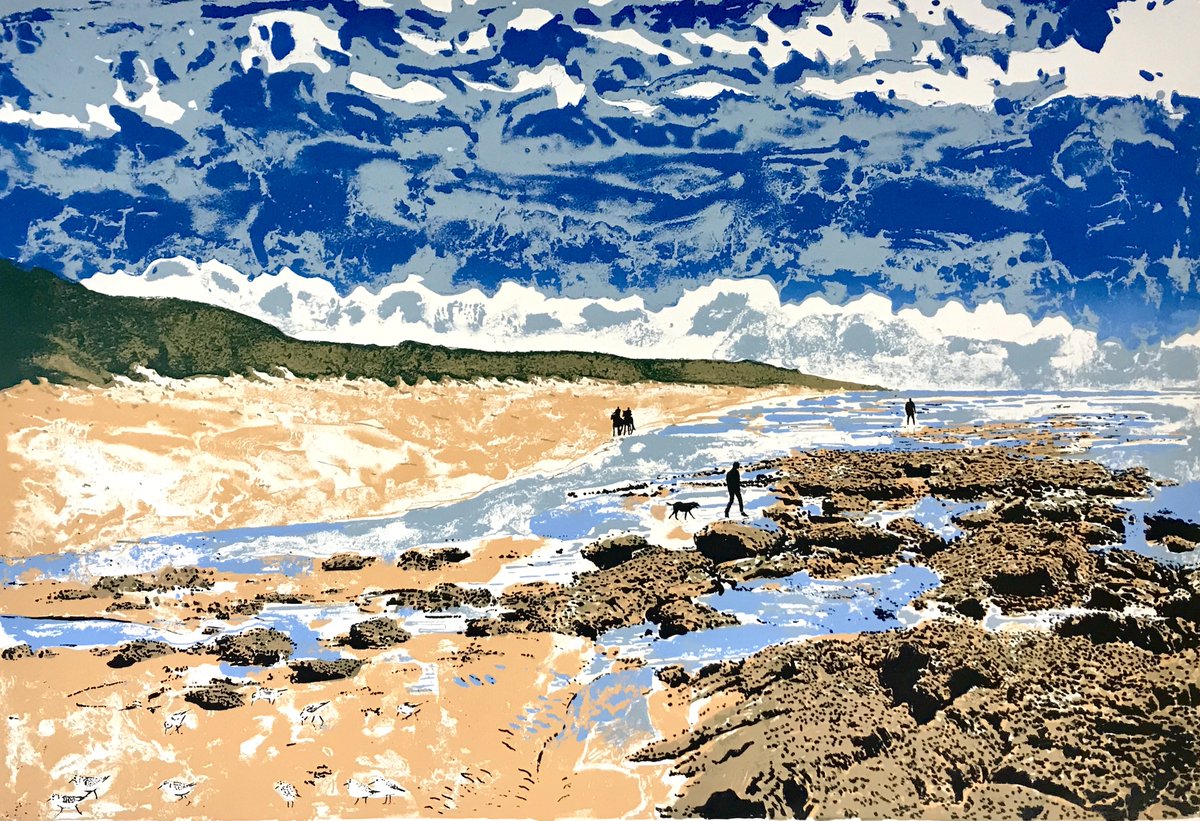 timsouthallart's tweet photo. 'A Walk on the Beach’ (40 x 60 cm) is a new coastal silkscreen print. The scene is at Trafalgar beach, Cadiz, made famous by the sea battle. #beach #walk #dog #coast #Atlantic #trafalgar #costadelaluz #cadiz #andalucia #silkscreen #print #BigArtBoost #draw2live #Draw365 #ArtsDay https://t.co/MzjR2pR4Oc