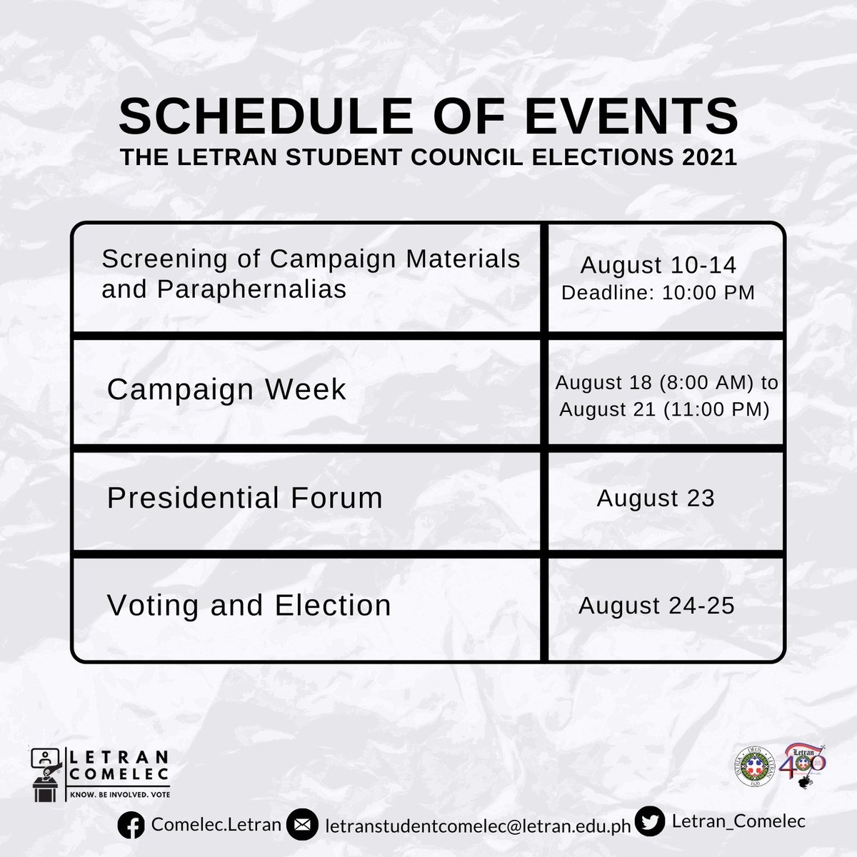 Letran_Comelec's tweet photo. Here is the second half of the #LSCElections2021 schedule of events.

Please be guided accordingly. https://t.co/fHDUbYZj2t