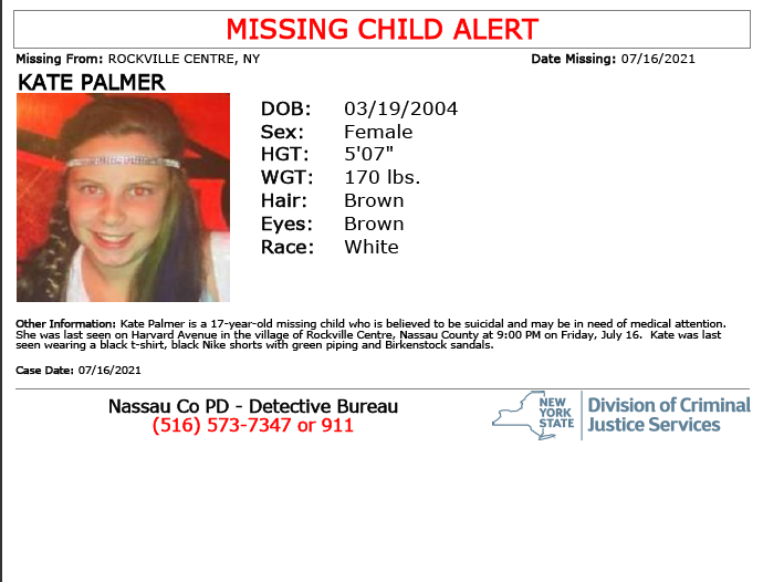 #MissingChildAlert: Kate Palmer,17-year-old white female, 5'7' tall and 170lbs, from Nassau County, NY. If seen call 911. Multilingual & ASL Link: on.nyc.gov/1PgUeTK