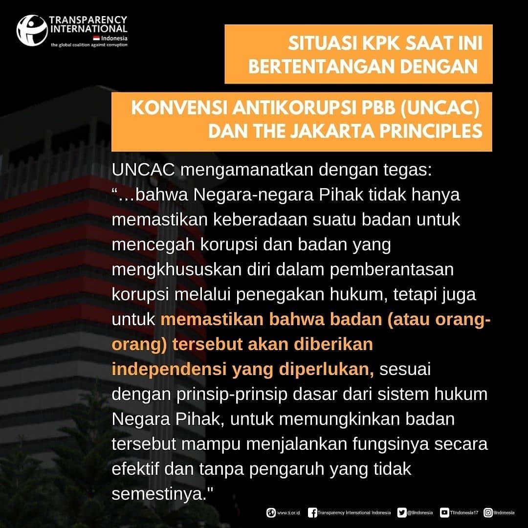 LeonardSEAP's tweet photo. @sudjiwotedjo Menurut Transparency International, Penguasaan KPK oleh Lembaga Eksekutif dan pengalihan status pegawai KPK menjadi ASN yang bisa didemosi dan dimutasi oleh K/L melanggar ketentuan Konvensi Anti-Korupsi PBB (UNCAC) dan Standar Lembaga Anti-Korupsi Dunia (The Jakarta Principles). https://t.co/wZWrOkgEM0
