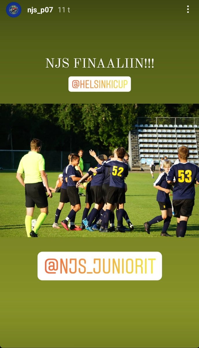 <a href="/NJSP07/">NJS P07</a> pelaa <a href="/HelsinkiCup/">Helsinki Cup</a> finaalissa klo 13.50. Vastassa <a href="/hjk07sininen/">HJK 07 Sininen</a>. Tule kannustamaan molempia joukkueita Olympiastadionille. Huikee viikko jo takana ja saa ansaitsemansa loppuhuipennuksen 👌Tsemii molemmille joukkueille ⚽️