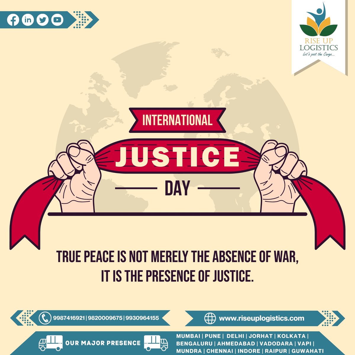 RiseupLogistics's tweet photo. True peace is not merely the absence of war, it is the presence of justice. 

#justiceday #worlddayforinternationaljustice #independenceday #empower #justice #recreatethesystem #systemsthinking #courage #happyjusticeday #speakforyourrights https://t.co/rcdVSdnHrv