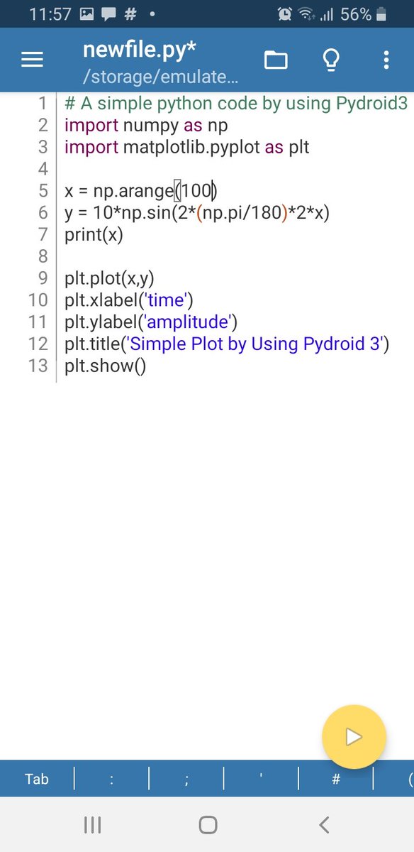 aulia_khal's tweet image. This is how to create a simple plot of sine wave in python code through the #Pydroid3 #100DaysOfCode #Python3
