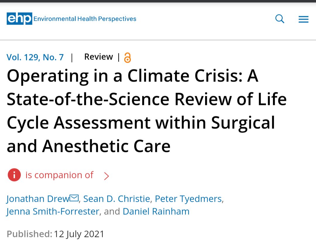 Our review of environmental impacts associated with #surgical and #anesthetic care has just been published in <a href="/EHPonline/">Environmental Health Perspectives</a>. Here's what we found — a thread 🧵 ehp.niehs.nih.gov/doi/10.1289/EH…