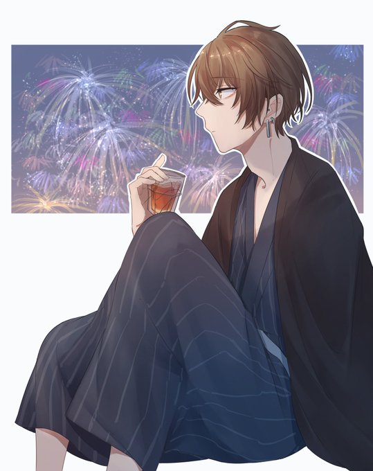 「aerial fireworks blue kimono」 illustration images(Latest)