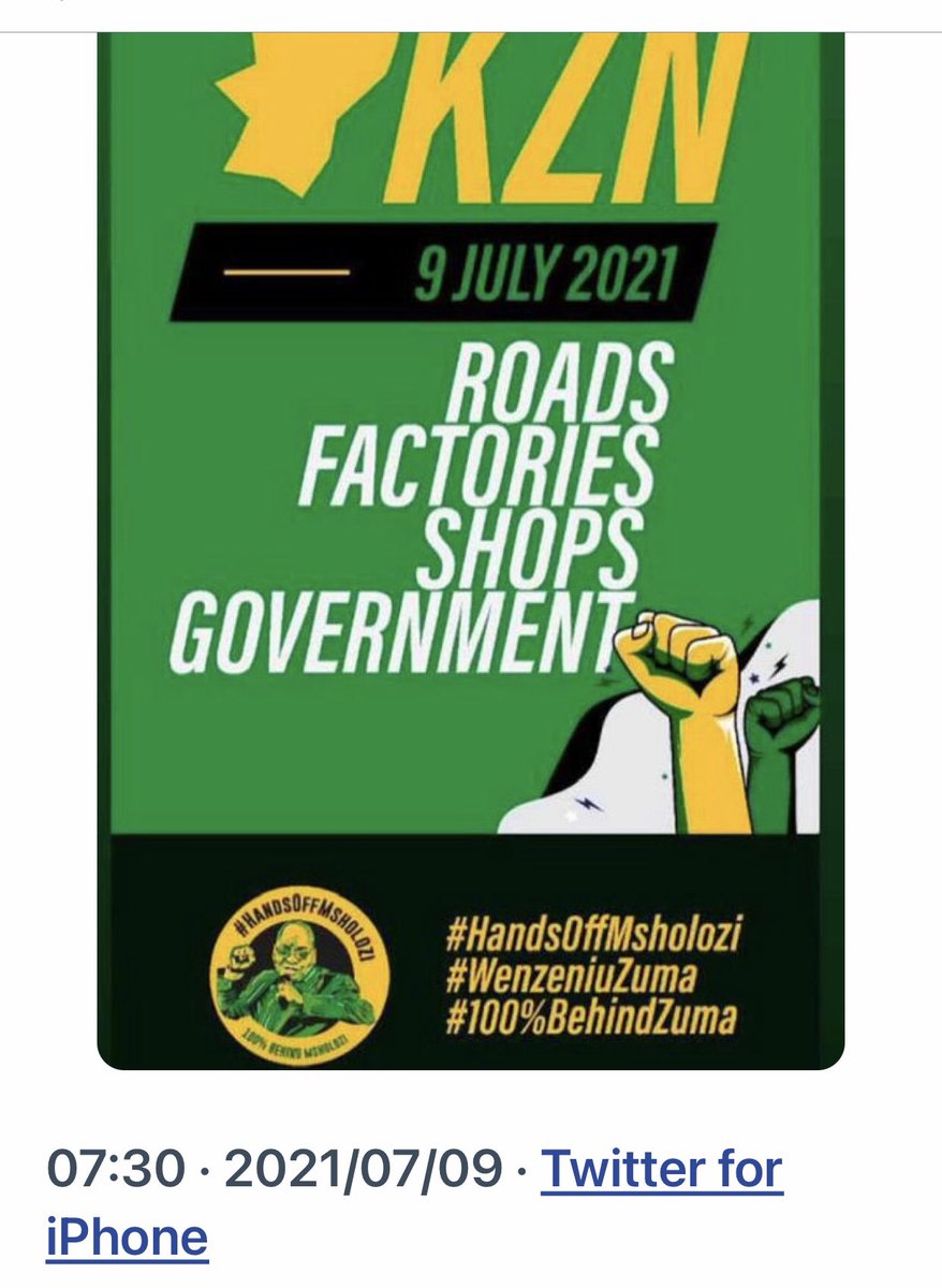 goolammv's tweet photo. This was Duduzile Zuma’s tweet last Friday. She was very clearly  inciting an insurrection. Unbelievable that one week later, lives lost, billions in damages, thousands of businesses destroyed, thousands of jobs lost,  yet she is not arrested. #ArrestDuduzileZuma #ThaboMbeki https://t.co/9ELeUBaSym