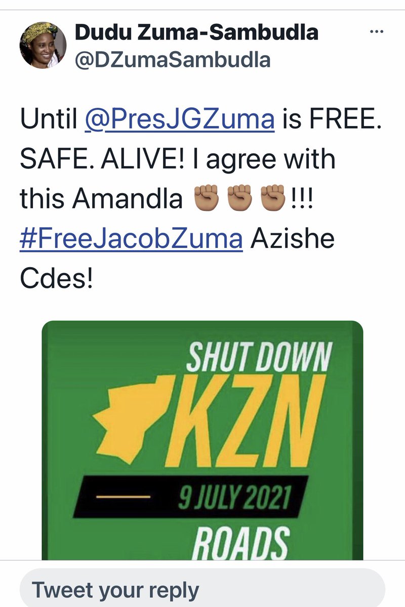 goolammv's tweet photo. This was Duduzile Zuma’s tweet last Friday. She was very clearly  inciting an insurrection. Unbelievable that one week later, lives lost, billions in damages, thousands of businesses destroyed, thousands of jobs lost,  yet she is not arrested. #ArrestDuduzileZuma #ThaboMbeki https://t.co/9ELeUBaSym