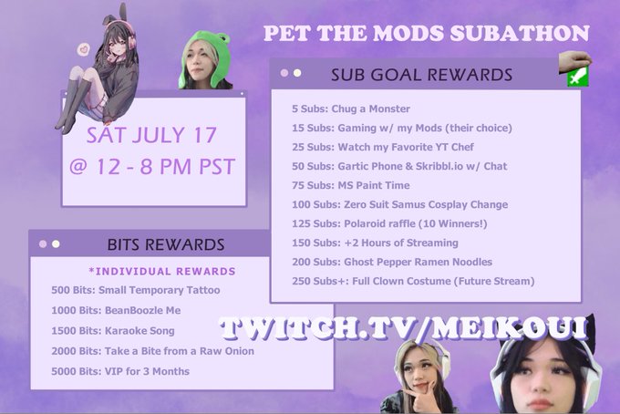 ☁️ SUBATHON TOMORROW!! Here&rsquo;s a list of the Sub Goal and Bits Rewards ☁️ #Twitch #Subathon https://t<a href="/tag/twitch"class="tags"><span>#twitch</span></a><a href="/tag/subathon"class="tags"><span>#subathon</span></a>