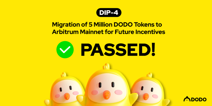 BreederDodo's tweet photo. 🙌DIP-4: Migration of DODO Tokens to 
@arbitrum Mainnet for incentives proposal has PASSED!

🪖 Thanks to all CommanDODO's who voted in this proposal. We appreciate you exercising your duty! 

👉 Final results: https://t.co/tgibc6HyXs

🥚🐣🐥🚀🗳️ https://t.co/MEU2ZZXP0P