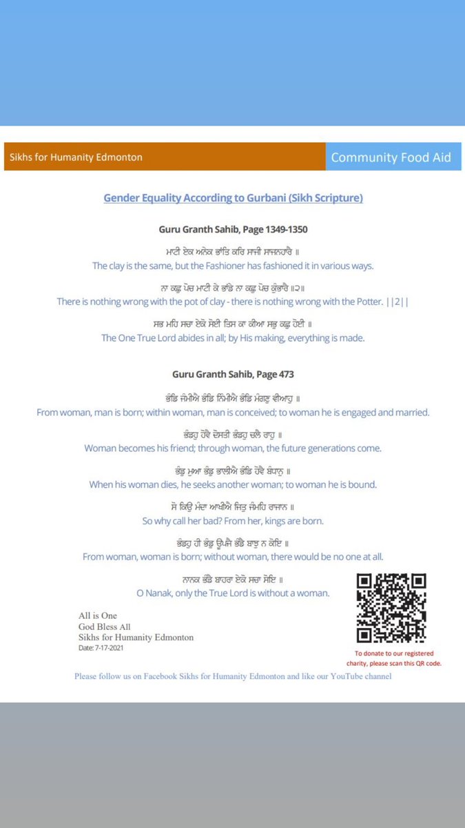 Every Saturday when we serve free grocery hampers to people who are in need, we also share a page with teaching of Gurubani (Sikh Scriptures) We believe this will spread love and harmony in the world. This Saturday July 17th 2021 we will share Gender Equality, God Bless All