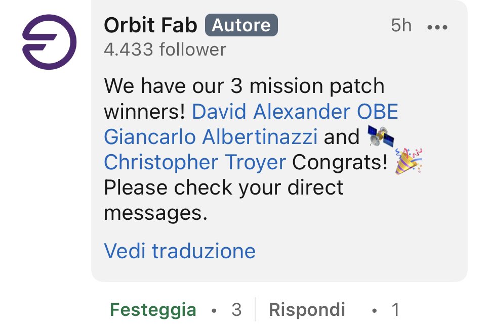 astrogianca's tweet image. I just won a @OrbitFab patch of the Tenzing mission, the first fuel depot in space!!! Thank you, Orbit Fab!!! That makes my day!!! Tenzing patch is coming home!!! #OrbitFab #TenzingMissionPatch #ItsComingHome #becomingspacepolitans