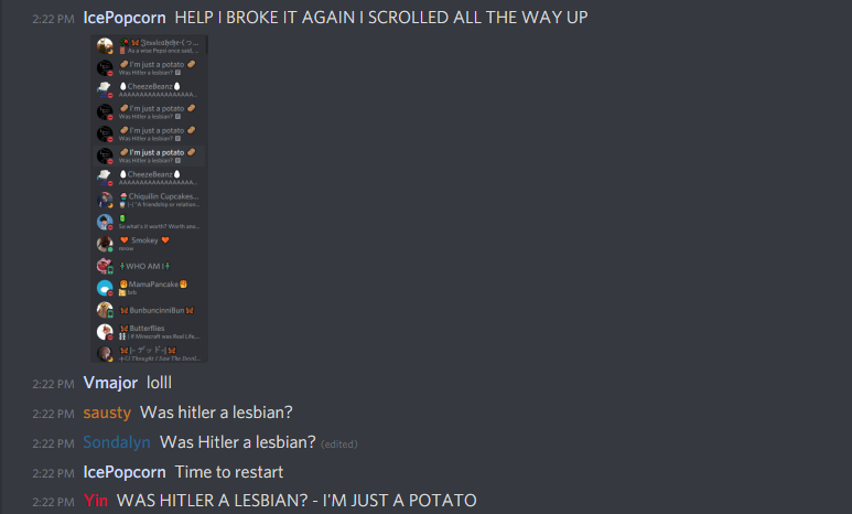 YinSkape's tweet photo. @purrrster You could've scrolled up just two messages and seen what was happening in the server member list, one of the members actually HELPFULLY posted a picture, impossible to miss. https://t.co/p1beXpABOS