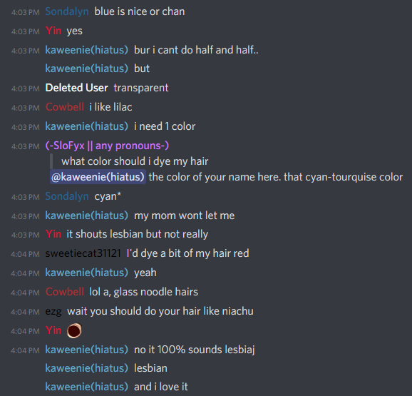 YinSkape's tweet photo. @purrrster You can actually see exactly what it means to shout lesbian -- a discussion of possible hair colors and styles for a lesbian friend and fellow moderator. https://t.co/WDN2n2tqNp
