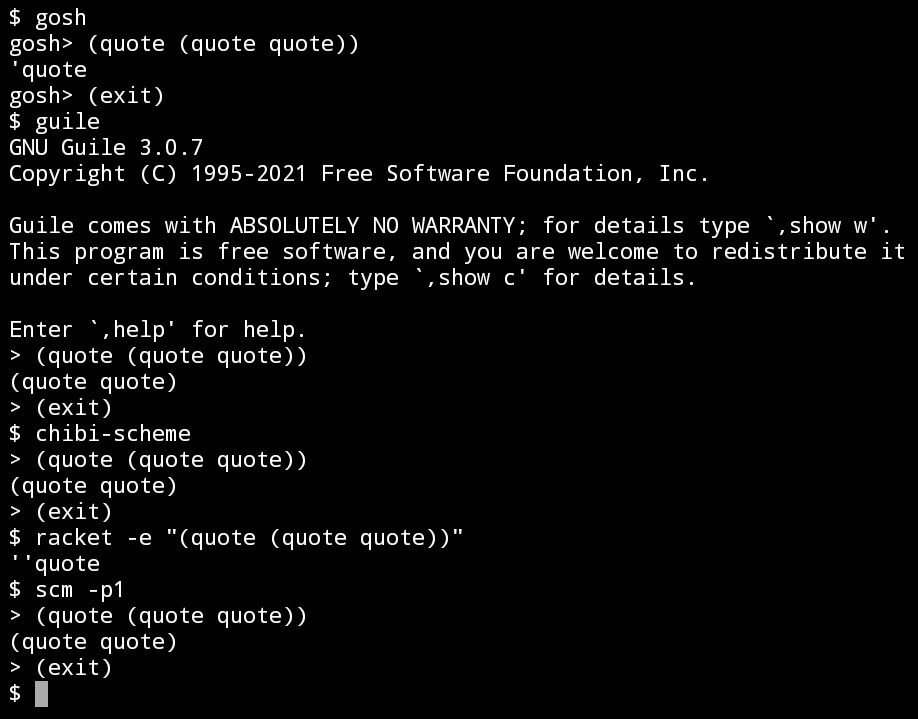 ytaki0801's tweet image. 先の評価器で #クワイン のコードも追加しようかなと思ったけど，quoteの扱いが母艦の #Scheme 処理系によってまちまちのような…．#CommonLisp は一択なのだけれど．まあ，同じ記述に収束（？）するという意味ではどちらでもいいのだけど． #LISP #programming #プログラミング