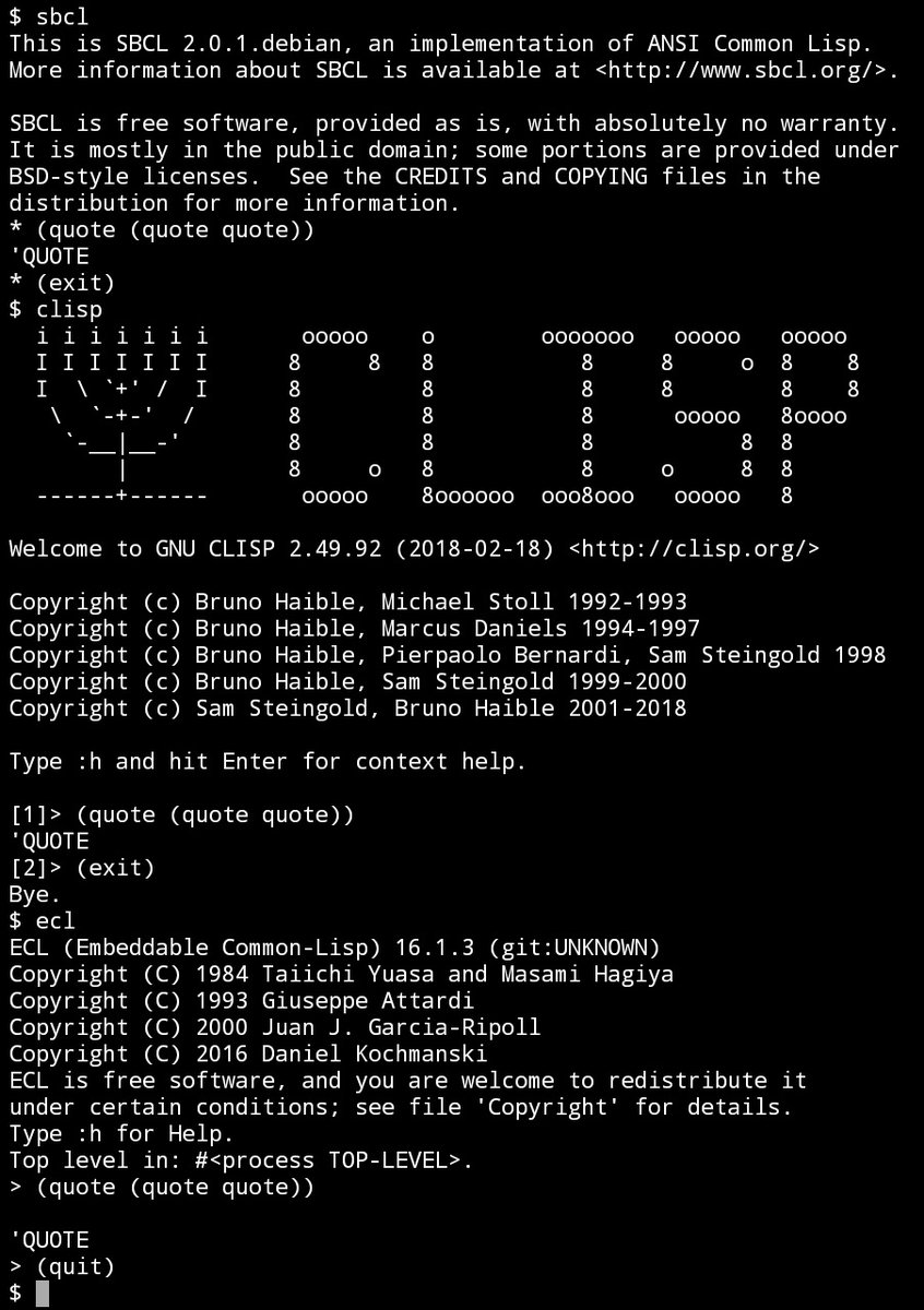 ytaki0801's tweet image. 先の評価器で #クワイン のコードも追加しようかなと思ったけど，quoteの扱いが母艦の #Scheme 処理系によってまちまちのような…．#CommonLisp は一択なのだけれど．まあ，同じ記述に収束（？）するという意味ではどちらでもいいのだけど． #LISP #programming #プログラミング