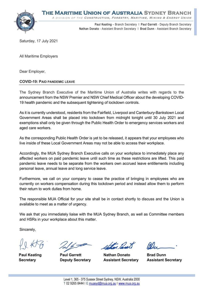 MUASydneyBranch's tweet photo. Maritime workers from the 3 LGA’s have been blocked from going to work under #nswpol #COVID19nsw restrictions. Employers need to pay paid pandemic leave to these workers. @unionsaustralia #ausunions @unionsnsw #nswlockdown https://t.co/JM3p3lJxkB