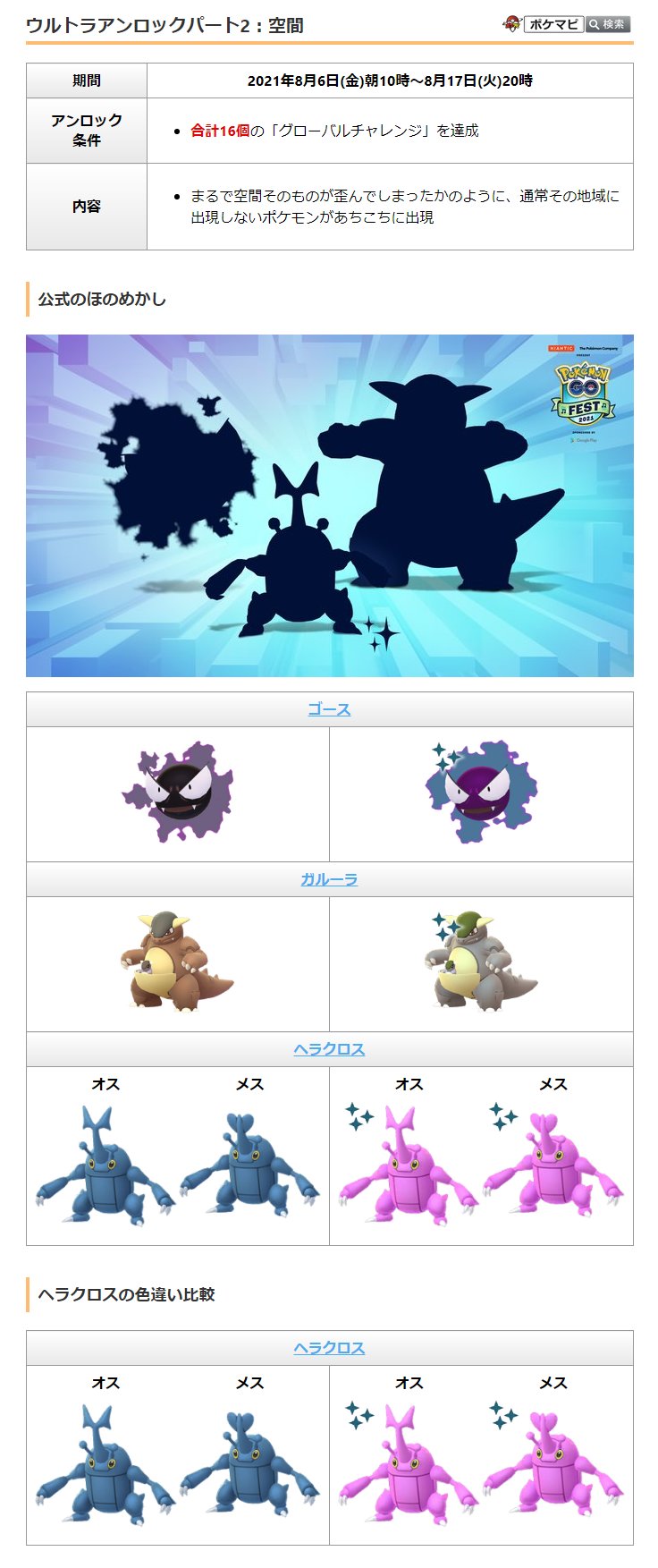 ポケモンgo攻略情報 ポケマピ ウルトラアンロックパート2 空間に登場するポケモンとして ヘラクロスの全世界登場と色違いの ヘラクロスの初登場がほのめかされています 期間 21 8 6 金 朝10時 8 17 火 時 解放条件 合計16個の グローバル