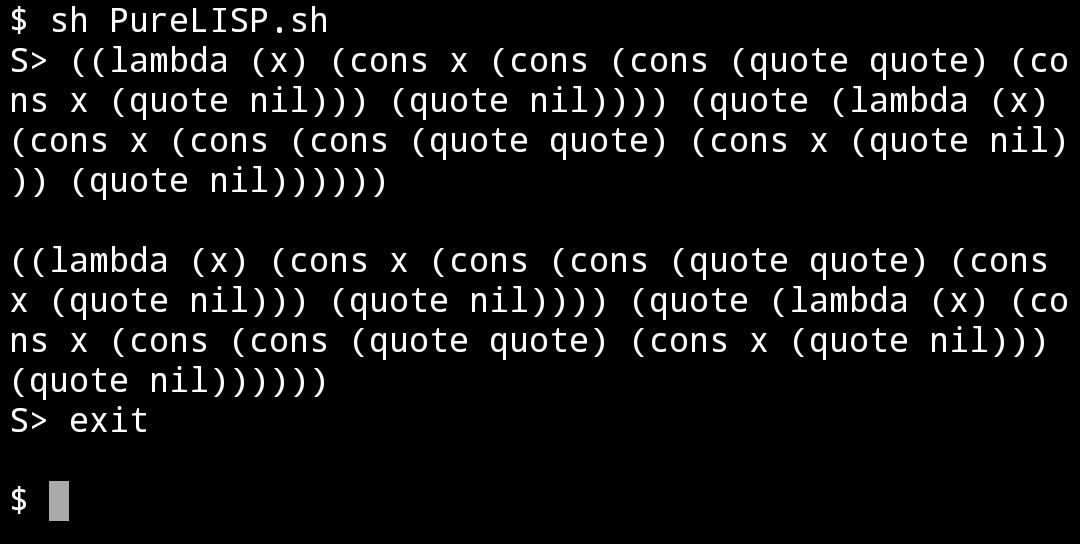 ytaki0801's tweet image. ちなみに，我らが #PureLISP_sh の #クワイン の例．トークンが原初 #LISP 評価器からの小文字流用だしなあ． #シェルスクリプト
