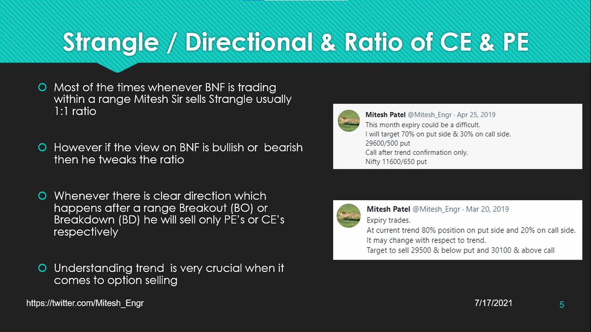 Using Ratios to Sell:
• If BNF is in a range then strangles
• If breakout/ breakdown from a range then directional
• Selling 70/30 or 80/20 ratios
• 2 examples on how he used ratios