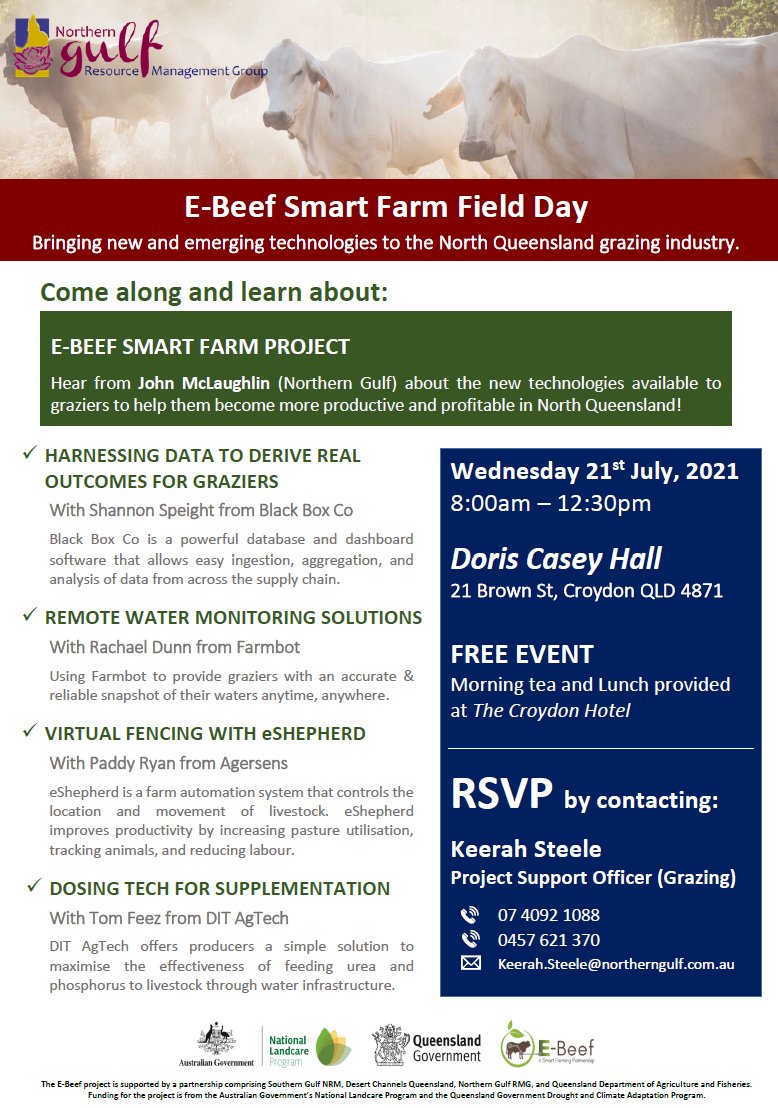 FutureBeef's tweet photo. Will we see you there?
E-Beef Smart Farm field day — Croydon
Wednesday 21 July 2021 @ 8:00 am - 12:30 pm
https://t.co/LpmjDT2898
#agtech #ruralevents @NorthernGulf @DAFQld https://t.co/TSMdxxL8g2