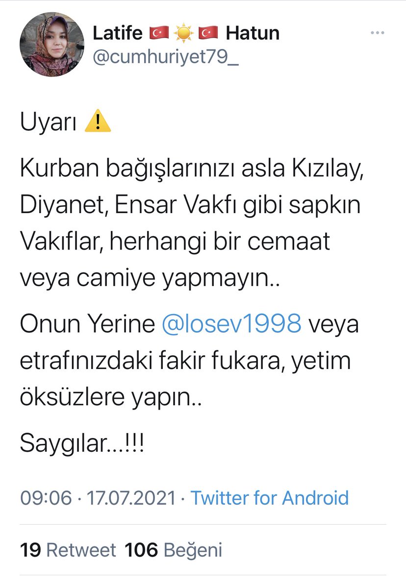 Latife Hanım @cumhuriyet79_ Türk Milletinin Milli Cemiyeti <a href="/Kizilay/">Türk Kızılay</a>’a <a href="/tcbestepe/">T.C. Cumhurbaşkanlığı</a> Anayasal Kuruluş olan <a href="/diyanetbasin/">T.C. Diyanet İşleri Başkanlığı</a> <a href="/DiyanetVakfi/">Türkiye Diyanet Vakfı</a> ‘na @VGM_VAKIFLARGM’nün denetlediği Milli yapılara sapkın diyemezsiniz, onları tahkir ve tezyif edemezsiniz Suç işliyorsunuz
<a href="/SiberayEGM/">Siberay</a> <a href="/TC_icisleri/">T.C. İçişleri Bakanlığı</a>