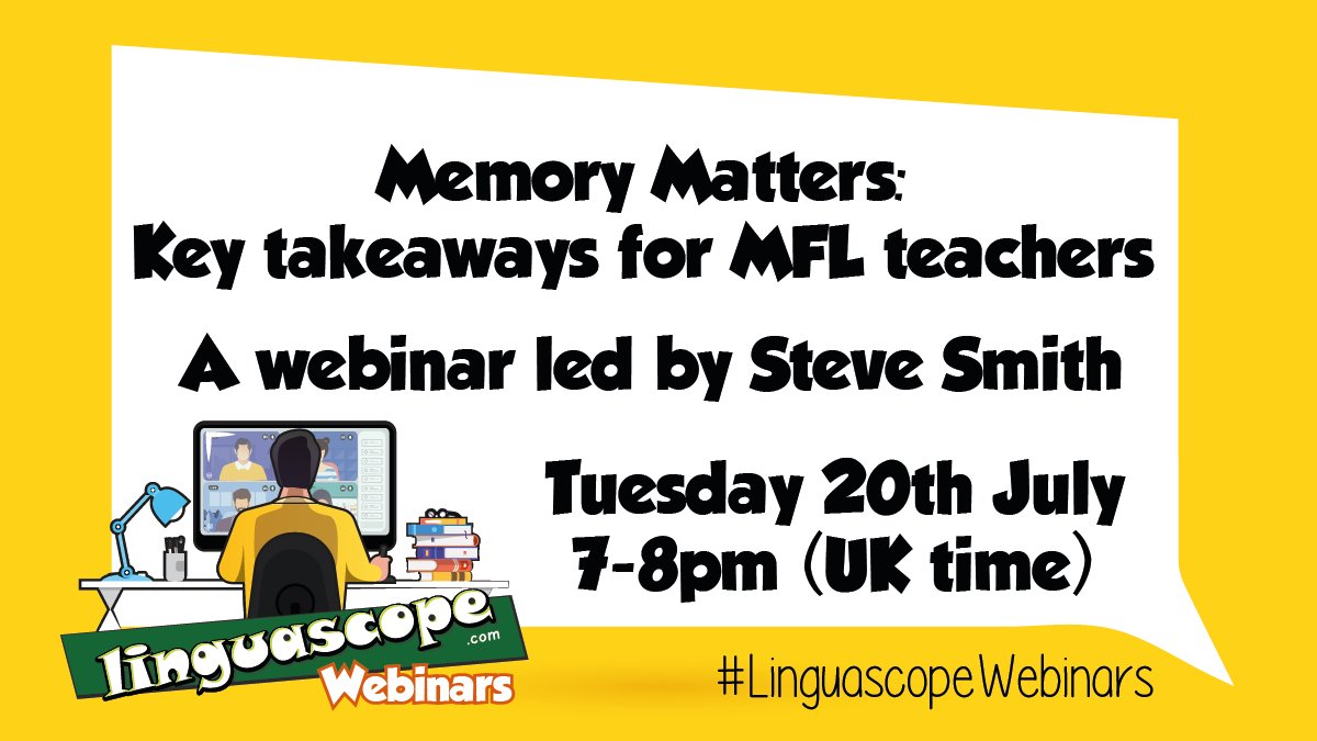 #mfltwitterati #mflchat #langchat <a href="/linguascope/">Linguascope</a> on Tuesday evening will be @spsmith45 sharing his research, expertise &amp; throughts on Memory in MFL and sharing some brilliant takeaways for #MFL teachers. Sign up through the <a href="/linguascope/">Linguascope</a> webinar app or here: ow.ly/GwoP50Fy1jU
