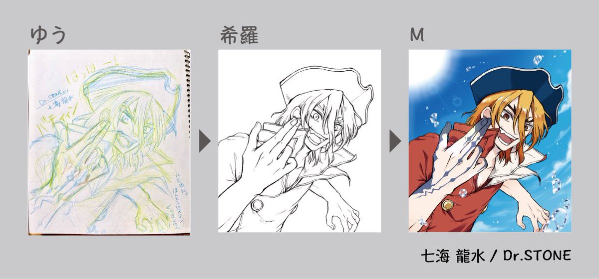 下書き、線画、塗りを交換してやるやつを身内間でやりました!楽しかったー😳マジで作風がフュージョンしてる… 