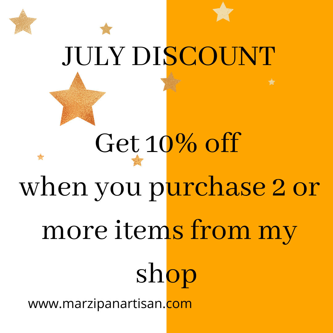 JULY DIDSCOUNT ...... 

Get a fabulous  10% off when you buy 2 or more items from my shop.

etsy.me/3hK2Wjq #etsy #marzipanartisan #etsyfinds #etsygifts #etsysale #etsycoupon #shopsmall