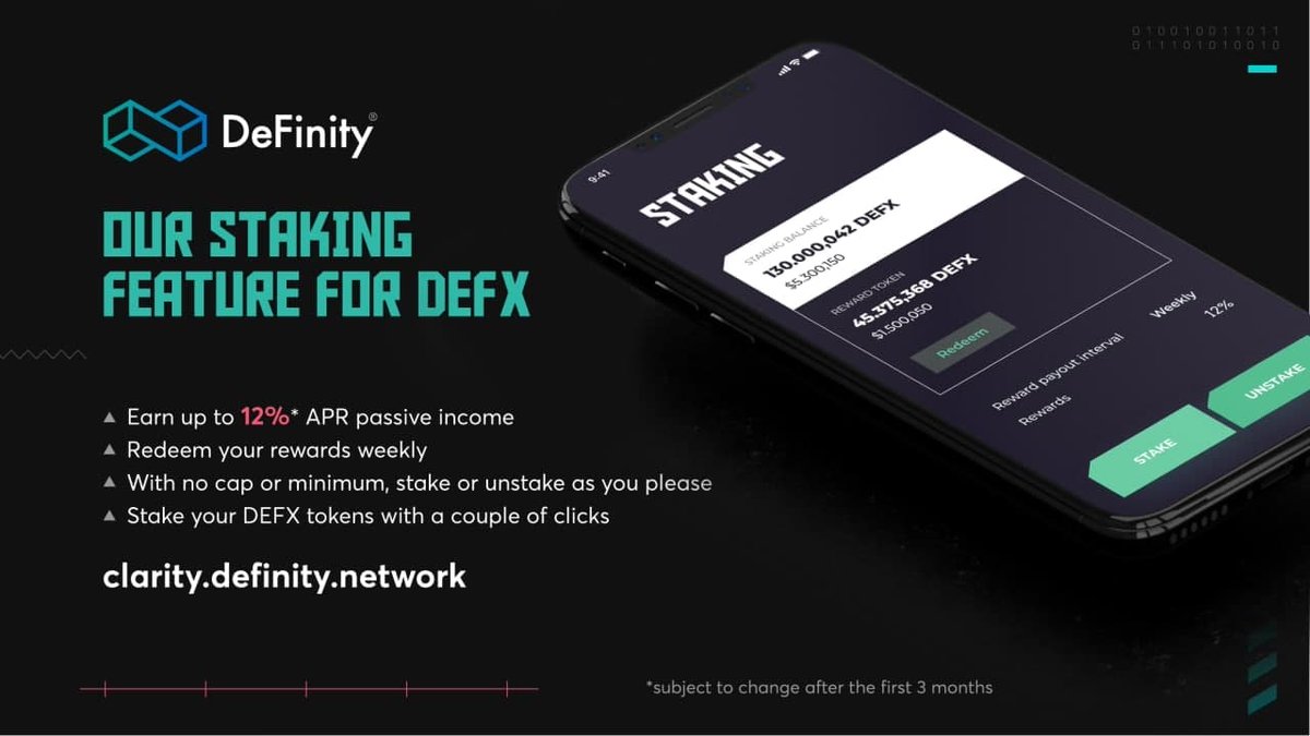 definitynetwork's tweet photo. 🥳 Staking now LIVE!

Start enjoying:

✅ Earning up to 12% APR passive income
✅ Redeem your rewards Weekly
✅ No Cap or minimum
✅ Stake or unstake as you please
✅ Start staking with a couple of clicks

👉 Start staking with DeFinity RIGHT HERE! https://t.co/oc1sYuZFAP https://t.co/V36e8SWIeF