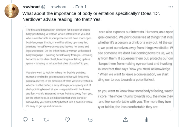 __rowboat__'s tweet photo. @DrNerdLove Harris, you yourself advise men to read into women's body orientation, the direction they lean in, even *whether their nostrils are flaring*.

https://t.co/Kkj9mrzMBj https://t.co/p3ICu9RRno