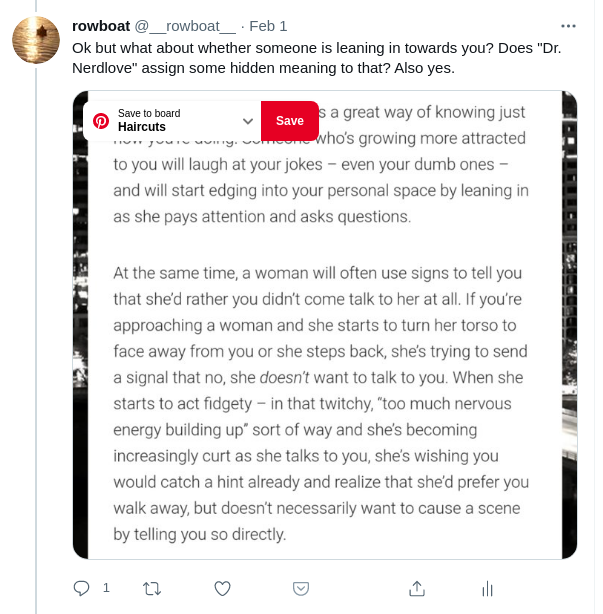 __rowboat__'s tweet photo. @DrNerdLove Harris, you yourself advise men to read into women's body orientation, the direction they lean in, even *whether their nostrils are flaring*.

https://t.co/Kkj9mrzMBj https://t.co/p3ICu9RRno