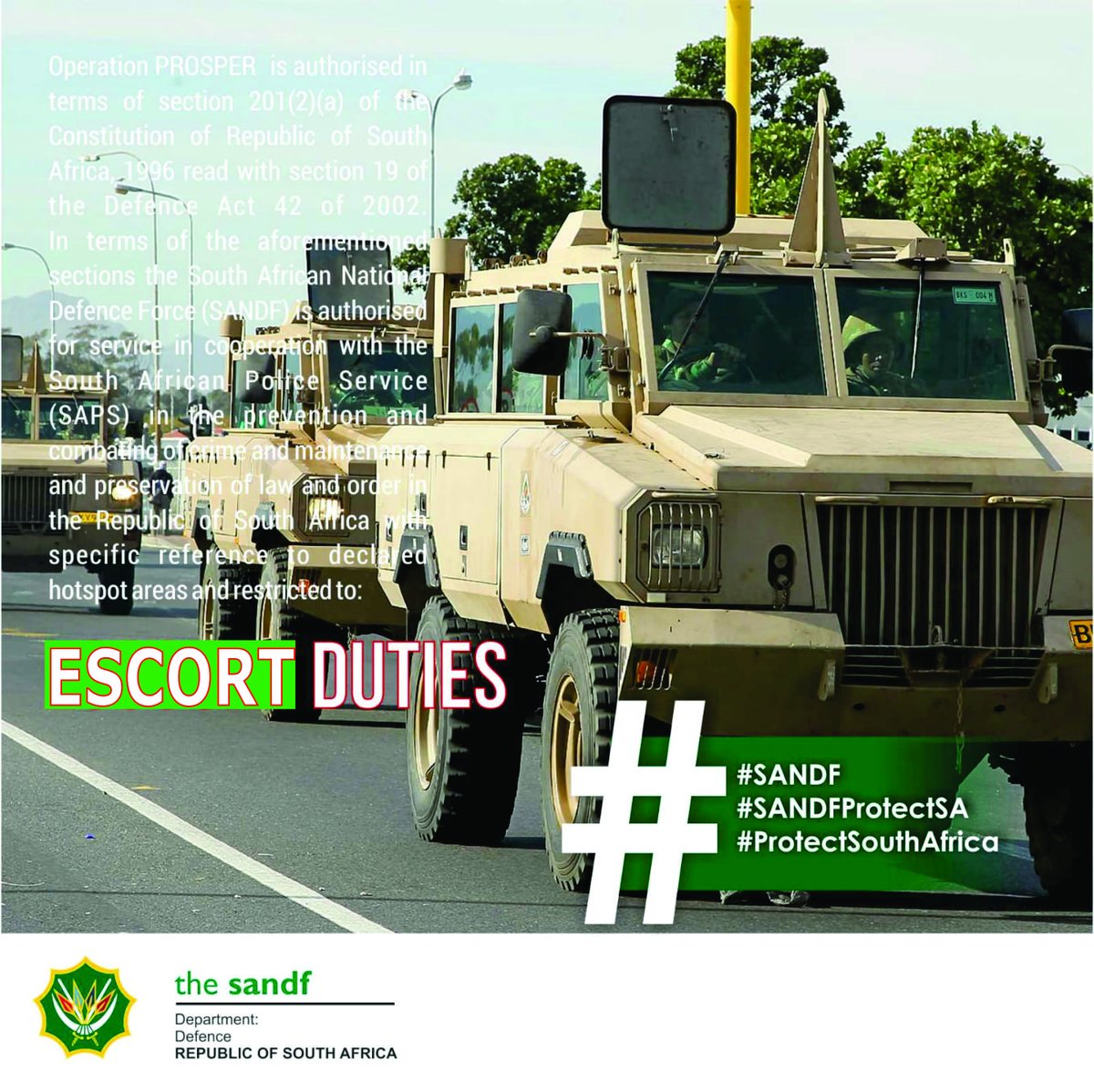 SANDF_ZA's tweet photo. SA National Defence Force Deployment in Support of the SA Police Service | Escort Duties.
#SANDF
#JointOpsDivision
#SANDFDeployment
#SANDFProtectSA
#ProtectSouthAfrica https://t.co/8gb24yz1dX