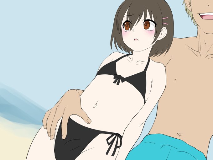 海水浴場でいじめっ子に女水着チャレンジを強要される女顔男子らくがき 