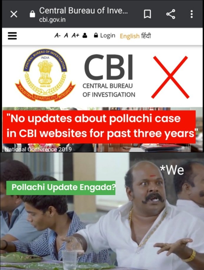 save_sparrow2's tweet photo. #Pollachi_Ennachi?
#ஒன்றியஉயிரினங்கள் 
"An officer who was previously with the CBI in TN told that there has not been a single update on the case on the CBI's website  and he stated that they will update in website even for small case"
by the old officer https://t.co/0VUZhh6vpW