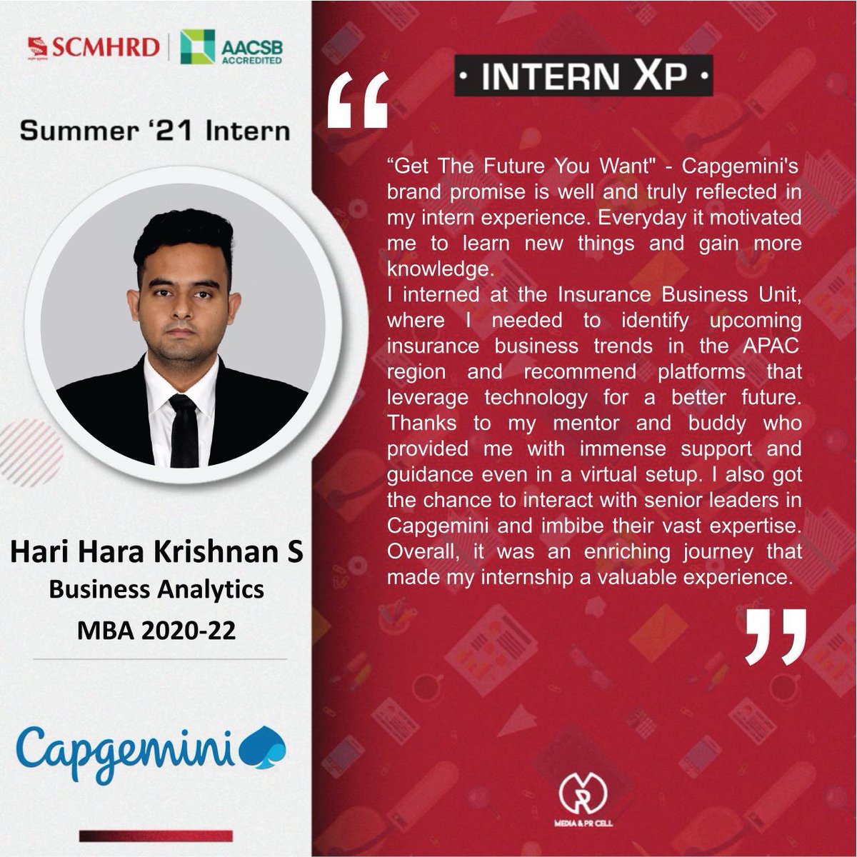 SCMHRDian's tweet photo. (2/2) In the next InternXP feature, we'll look at the internship journeys of Harihara Krishnan Sethumadhavan and Senthilkumar K at @CapgeminiIndia.
#Capgemini #InternXP #SCMHRDxp #SummerIntern21 https://t.co/YByy27HRH5