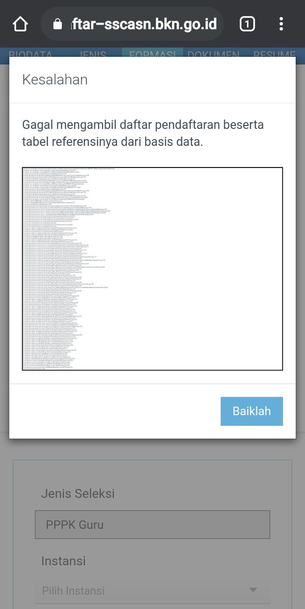Anis61383994's tweet photo. @BKNgoid saya tidak bisa melanjutkan pendaftaran dan muncul "Gagal mengambil daftar pendaftaran beserta tabel referensinya dari basis data". Muncul seperti ini di tahap memilih FORMASI, mohon petunjuk min di helpdesk tidak ada menu laporannya. https://t.co/BlJCG2xliy