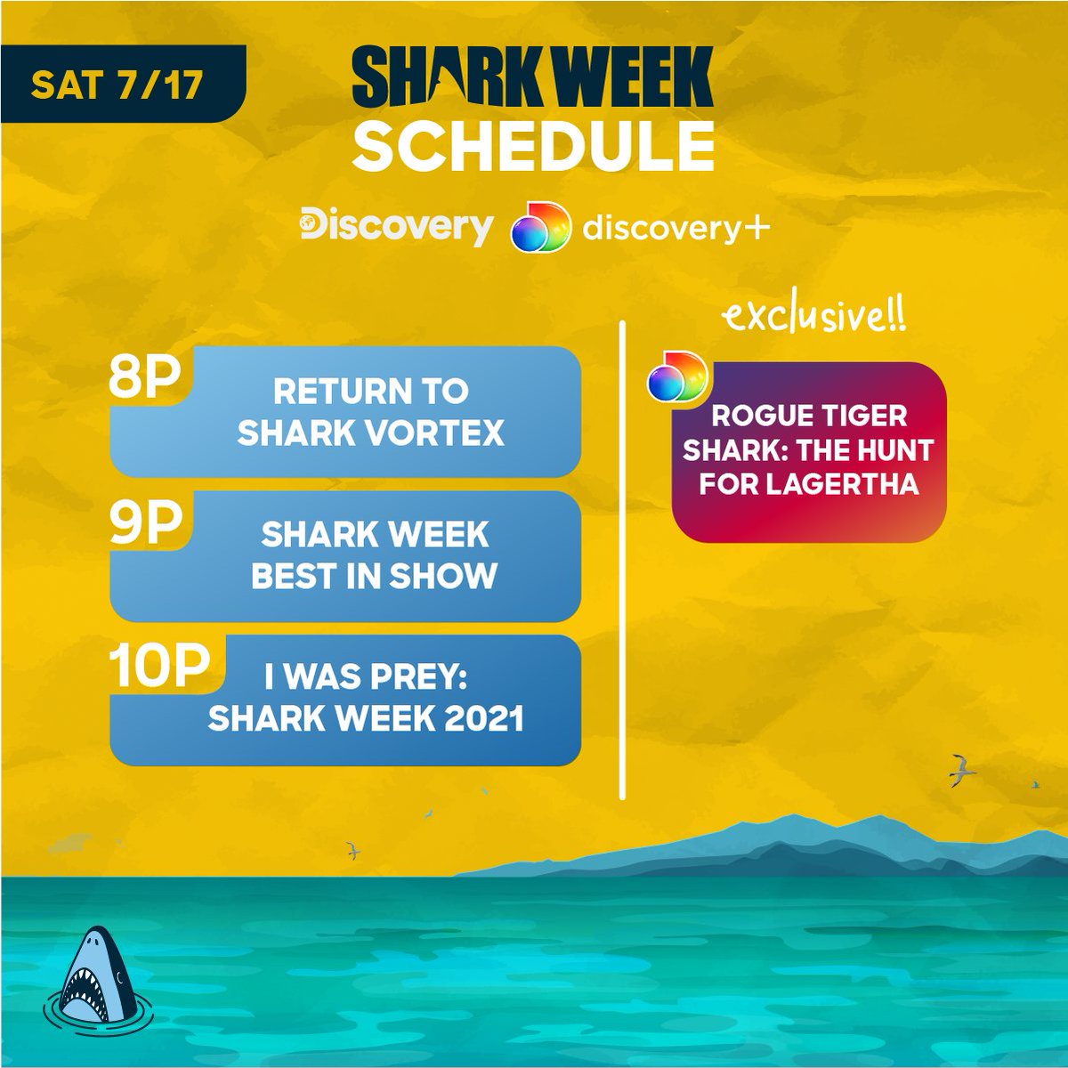 SharkWeek's tweet photo. Shark Weekend anyone?

Streaming NOW on @discoveryplus:
🐅 Rogue Tiger Shark: The Hunt For Lagertha

On @Discovery tonight: 
🌪8p Return to Shark Vortex
🦈 9p Shark Week Best In Show
😳 10p I Was Prey: #SharkWeek 2021 https://t.co/cDQMVyYRAJ