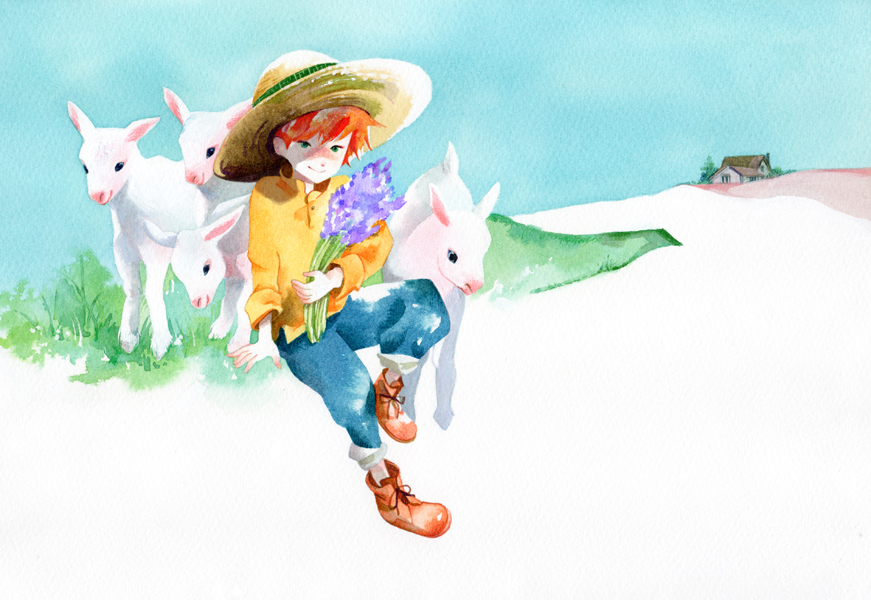 子ヤギと少年 夏が始まりました Artwork 水彩イラスト 柴田純与のイラスト