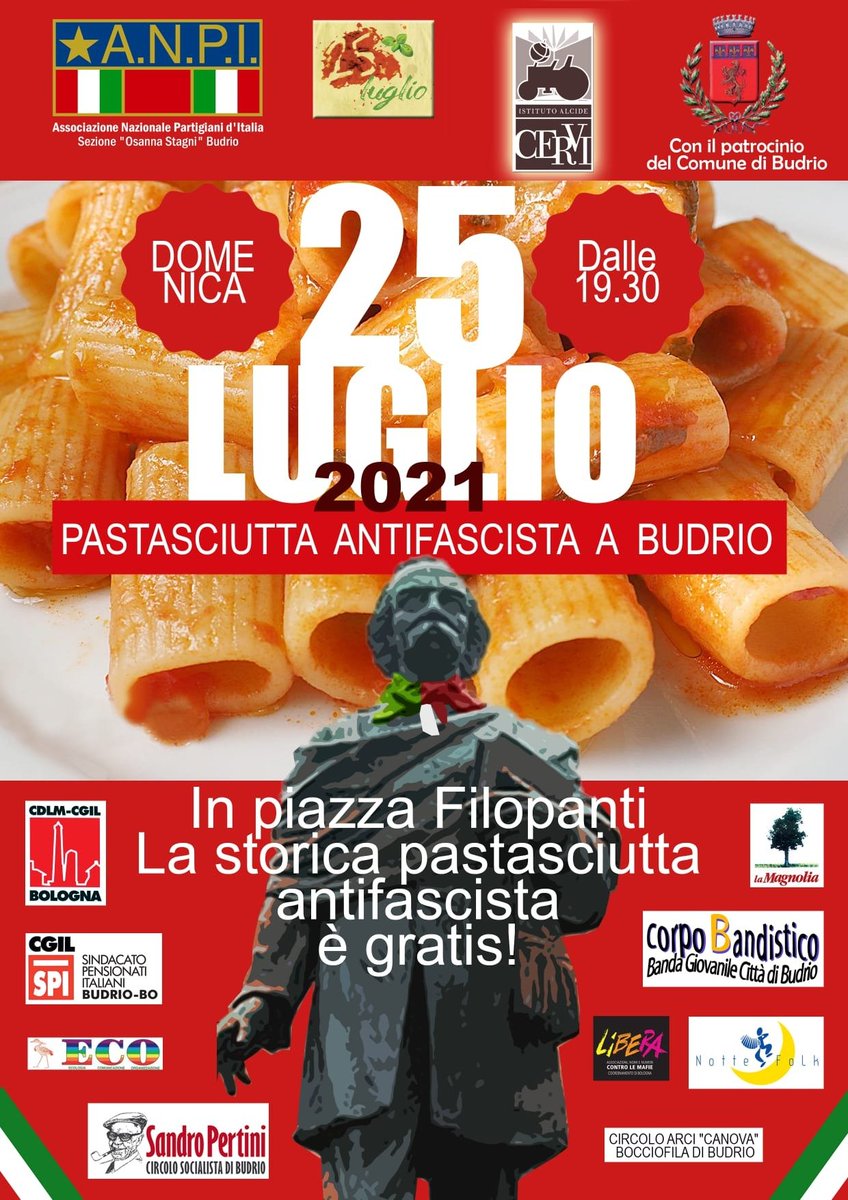 Per budriesi e limitrofi:

Domenica #25luglio, la sezione #ANPI "Osanna Stagni" di #Budrio vi invita per la tradizionale
𝙋𝙖𝙨𝙩𝙖𝙨𝙘𝙞𝙪𝙩𝙩𝙖 𝘼𝙣𝙩𝙞𝙛𝙖𝙨𝙘𝙞𝙨𝙩𝙖

(nel rispetto delle logiche anti-Covid, ma vi aspettiamo.)
>
facebook.com/events/9501665…