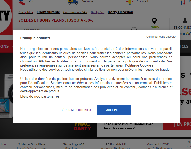 Le popup de "politique de cookies" sur toutes les pages du site <a href="/Darty_Officiel/">Darty</a>, ça ne fait pas très sérieux. Surtout que c'est également le cas sur l'appli mobile. Qu'on dise oui ou non à tout, c'est pareil 😑