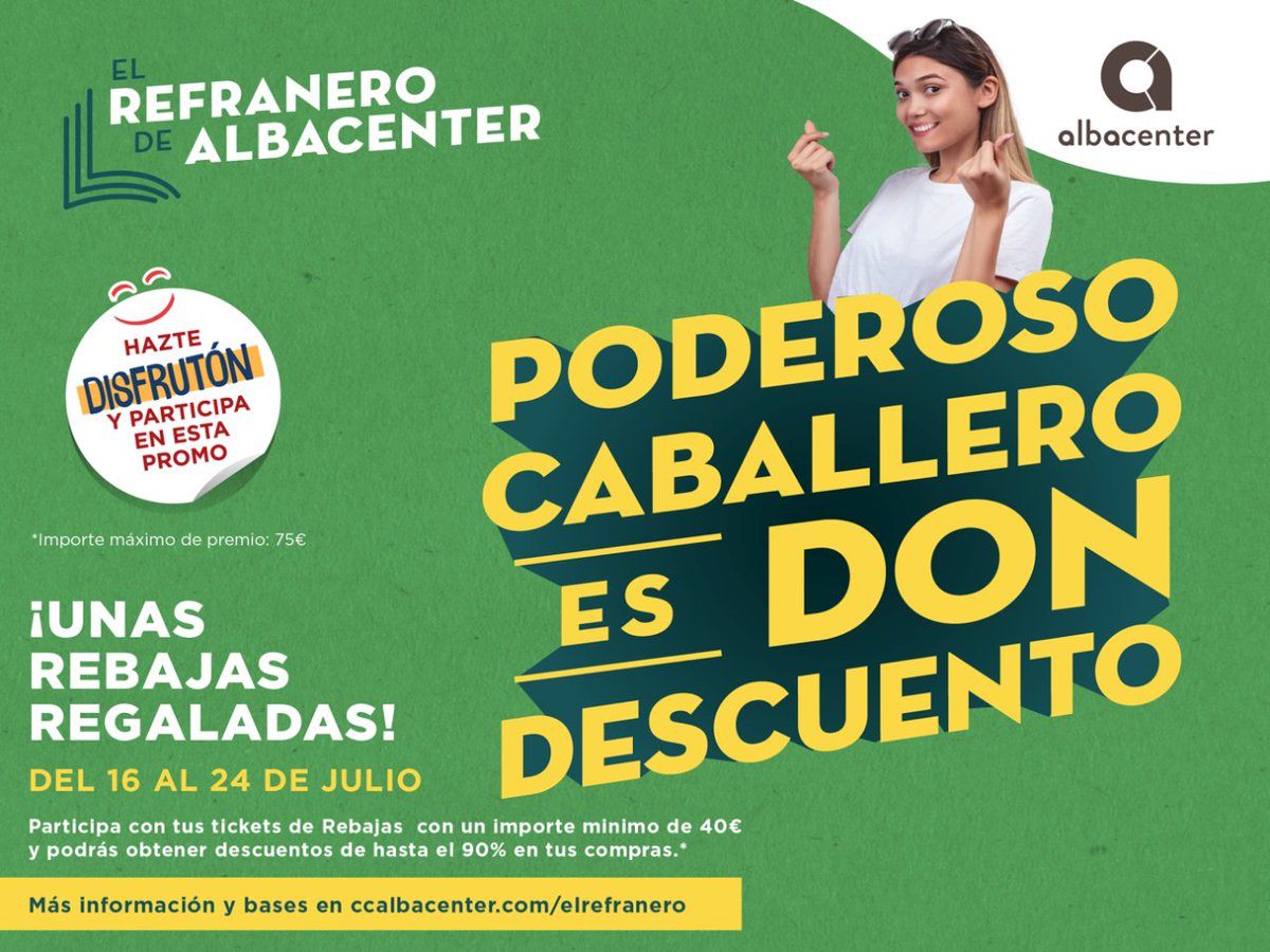¡Vuelve el #RefranerodeAlbacenter! 📣
Desde el 16 al 24 de julio te demostramos que las Rebajas pueden ser mucho más... ¡el Refranero de Albacenter te trae descuentos de hasta el 90% en tus compras! 🔝 Para participar consulta la web de Albacenter, encontrarás toda la info.
