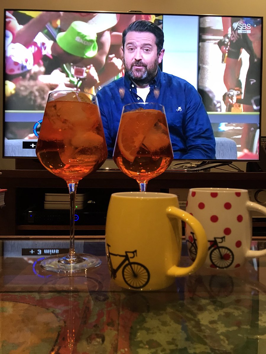 What more could one want during lockdown? Watching TDF with <a href="/cmallet/">Céline Mallet</a>.sbs on <a href="/sbs_australia/">#teamSBS</a> wearing the @apres_velo linen shirt, whilst hydrating with <a href="/aperolspritzau/">Aperol Spritz AU</a> #tdf #sbstdf #letour