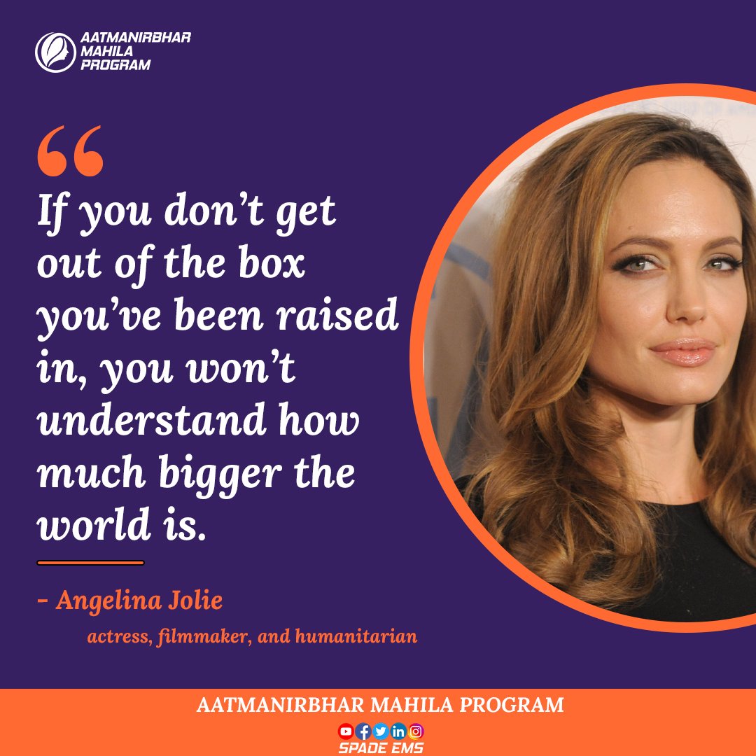 AatmaNirbharMa1's tweet photo. Women's Empowerment is now a spoken topic all over the world including famous personalities coming forward to express their views on it. Look what Angelina Jolie has to say about this👆
#spadeems #aatnanirbharmahila #believeinyourself #motivationalquotes #angelinajolie https://t.co/3c0iBtnLBd